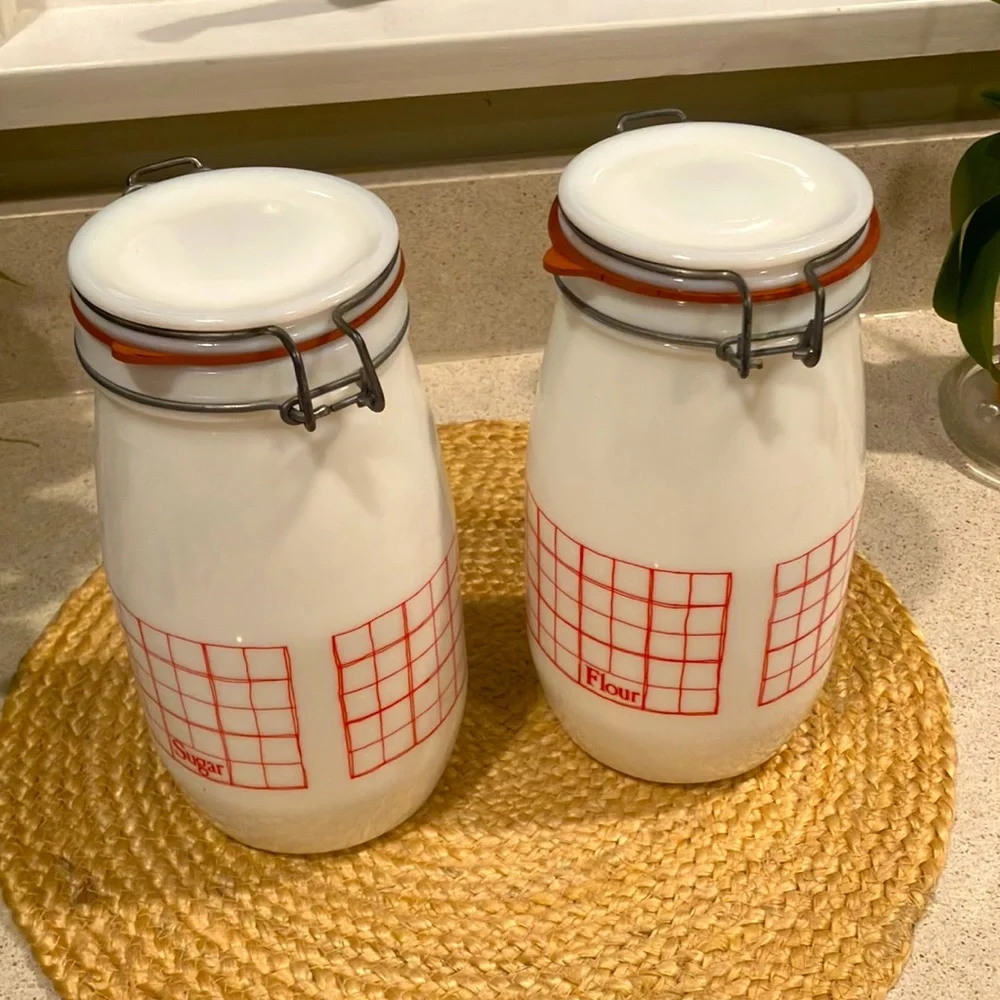 Vintage Wheaton 1.5L Milk Glass Flour & Sugar Jars/Canisters - Red & White